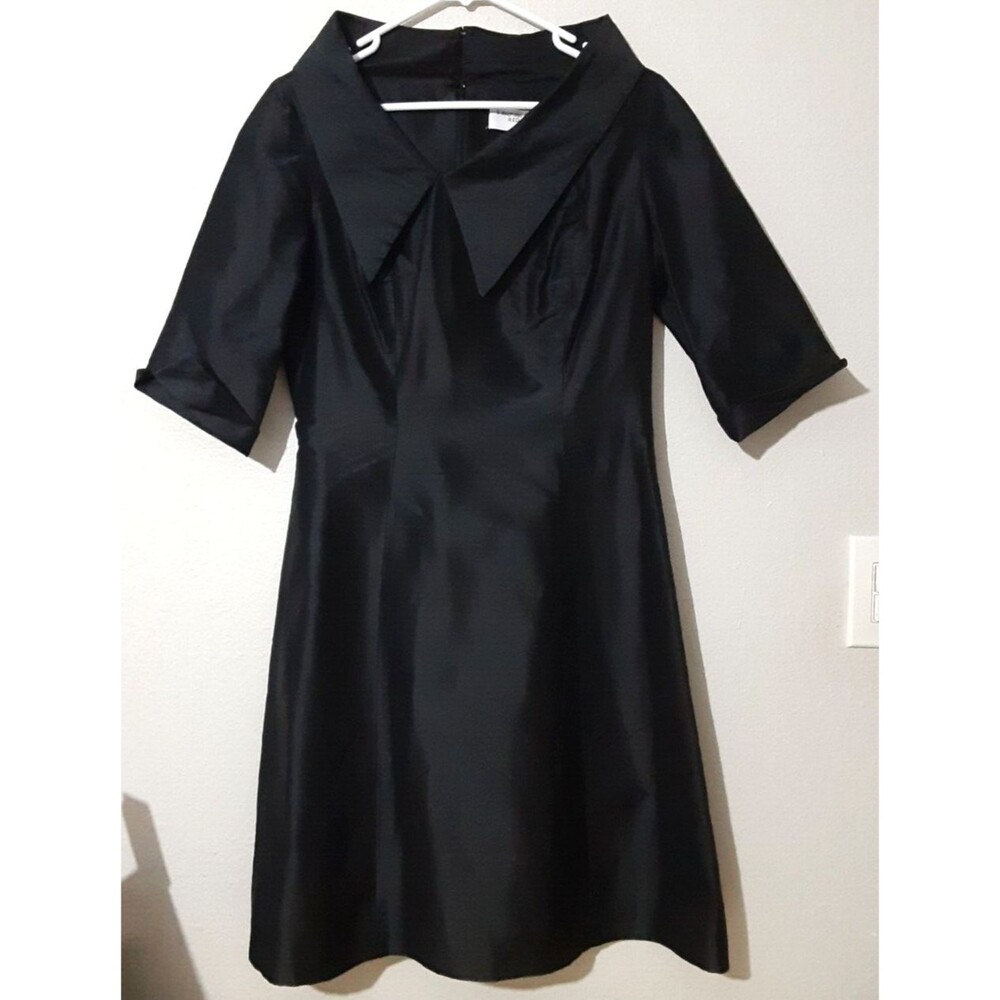 B Michael America Red Collection Black Asymmetrical Collar Modest Midi Dress